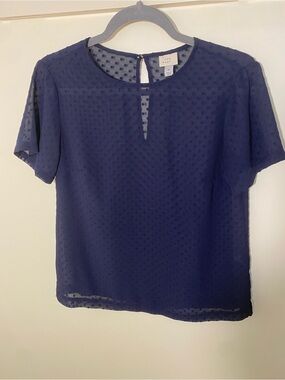a new day Navy Swiss Dot Keyhole Short Sleeve Blouse
